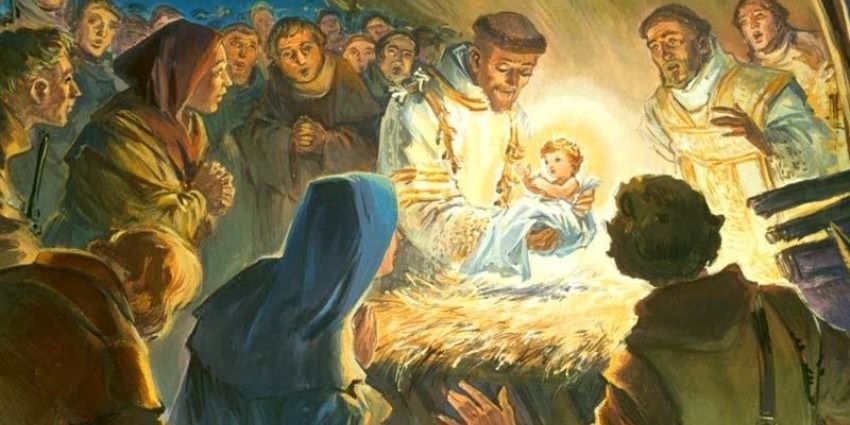 Św Franciszek i dzięciątko Jezus w szopce bożonarodzeniowej - kartka świąteczna
