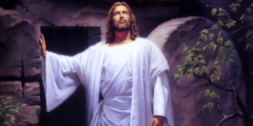 Pan Jezus zmartwychwstaje i wychodzi z grobu